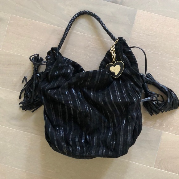 Bebe shoulder bag- Black suede with faux leather details; strips and tassels - Picture 1 of 2